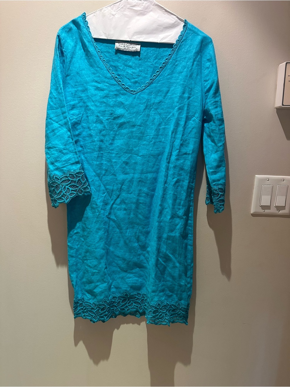 Linen Turquoise V-Neck Tunic with Crochet Trim